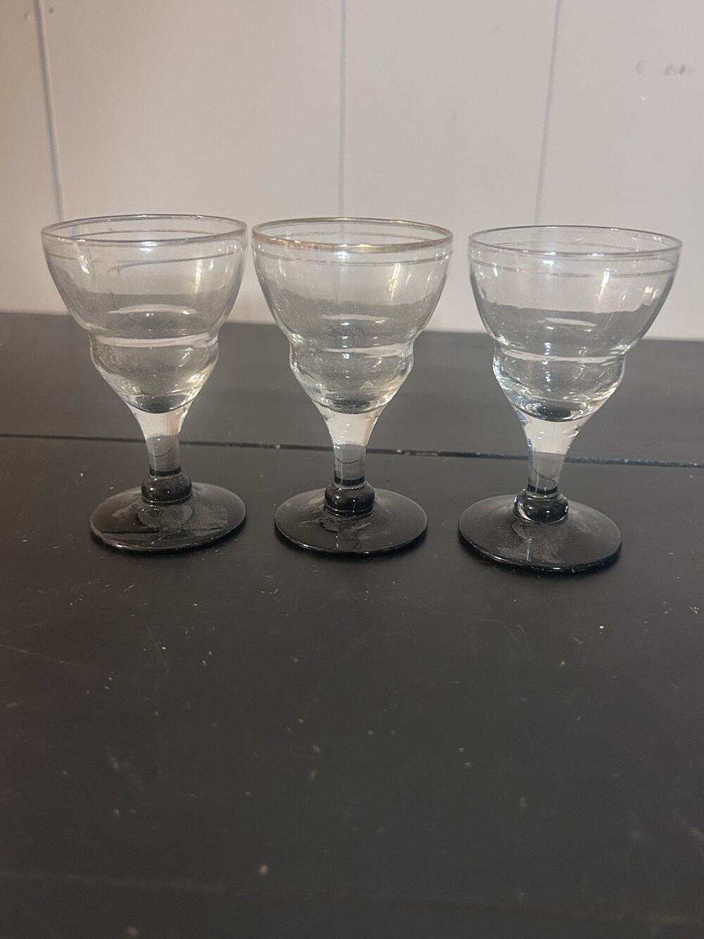 Vintage Black Stem Cordial Shot Glasses Set of 3 Clear Glass Gold Rim Unmarked